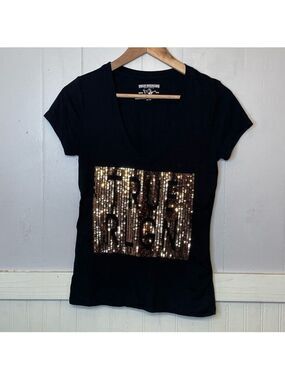 True Religion Shirt world tour v neck black gold sequins womens XS